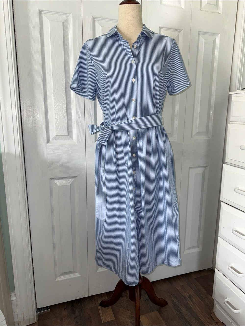 J. Crew Blue and White Striped Midi Shirt Dress with Tie Waist Sz 10